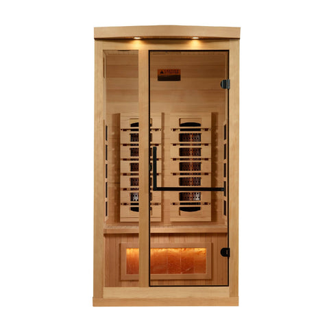 Golden Designs: 1-2-Person Reserve Edition Full Spectrum Near Zero EMF FAR Infrared Sauna with Himalayan Salt Bar