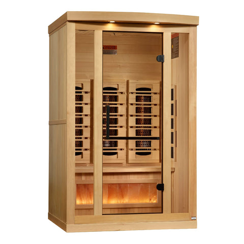 Golden Designs: 2-Person Reserve Edition Full Spectrum Near Zero EMF FAR Infrared Sauna with Himalayan Salt Bar