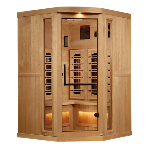 Golden Designs: 3-Person Corner Full Spectrum Near Zero EMF FAR Infrared Sauna with Himalayan Salt Bar