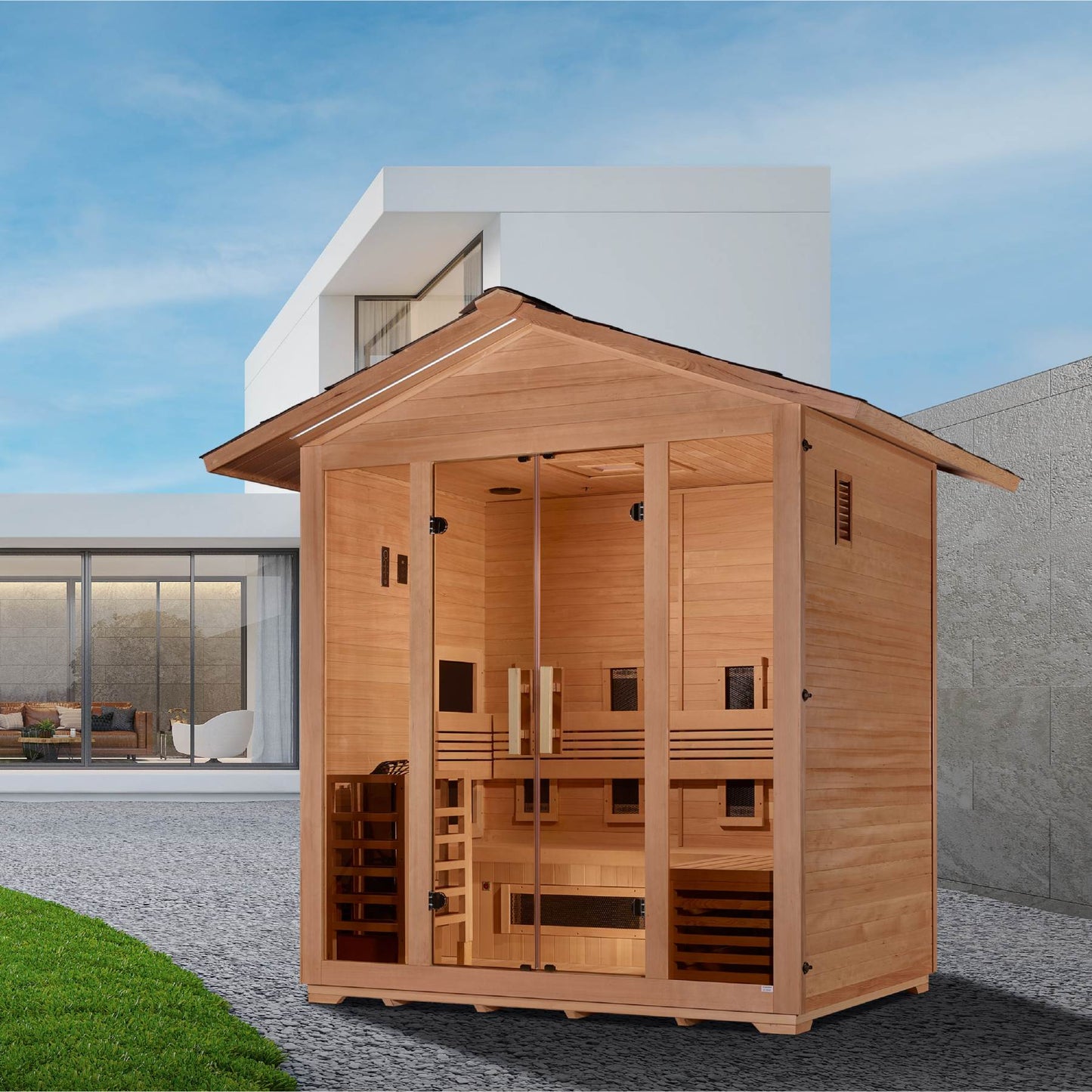 Golden Designs: Gargellen 5 Person Hybrid (Infrared + Stove) Outdoor Sauna - Elite Holistic Fitness