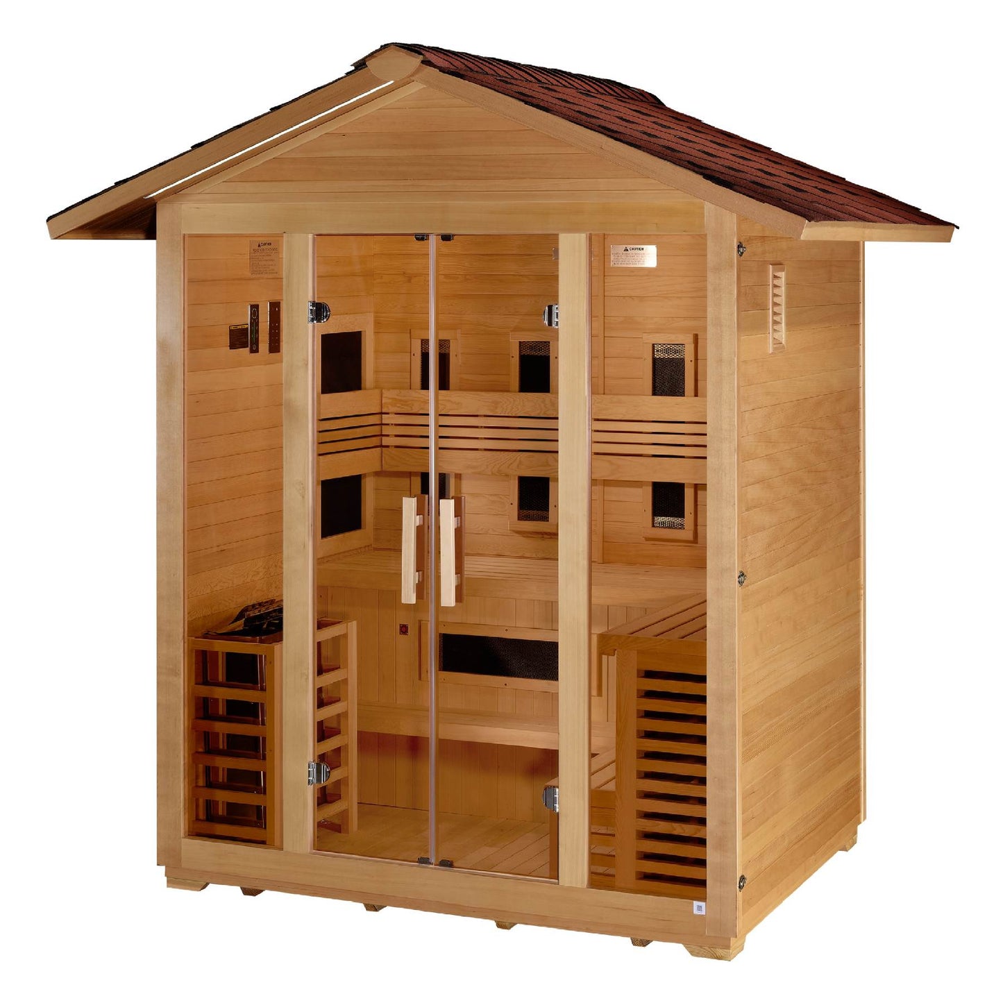 Golden Designs: Gargellen 5 Person Hybrid (Infrared + Stove) Outdoor Sauna - Elite Holistic Fitness