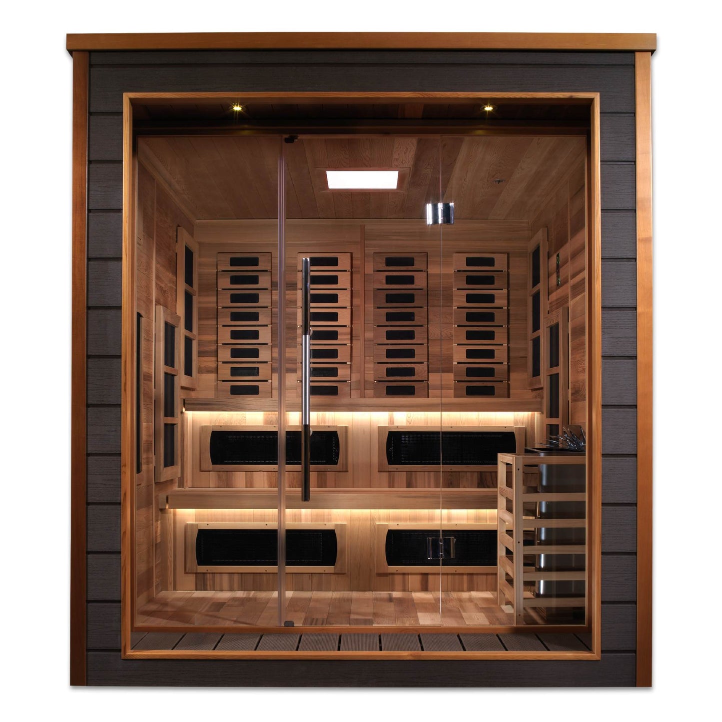Golden Designs: Karlstad 6 Person Outdoor-Indoor Hybrid (Infrared + Stove) Sauna - Elite Holistic Fitness