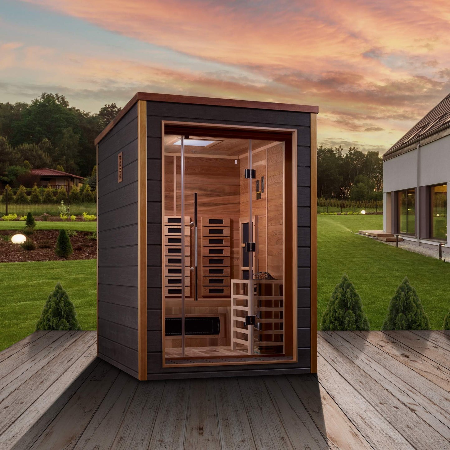 Golden Designs: Nora 2 Person Outdoor-Indoor Hybrid Infrared + Stove Sauna - Elite Holistic Fitness