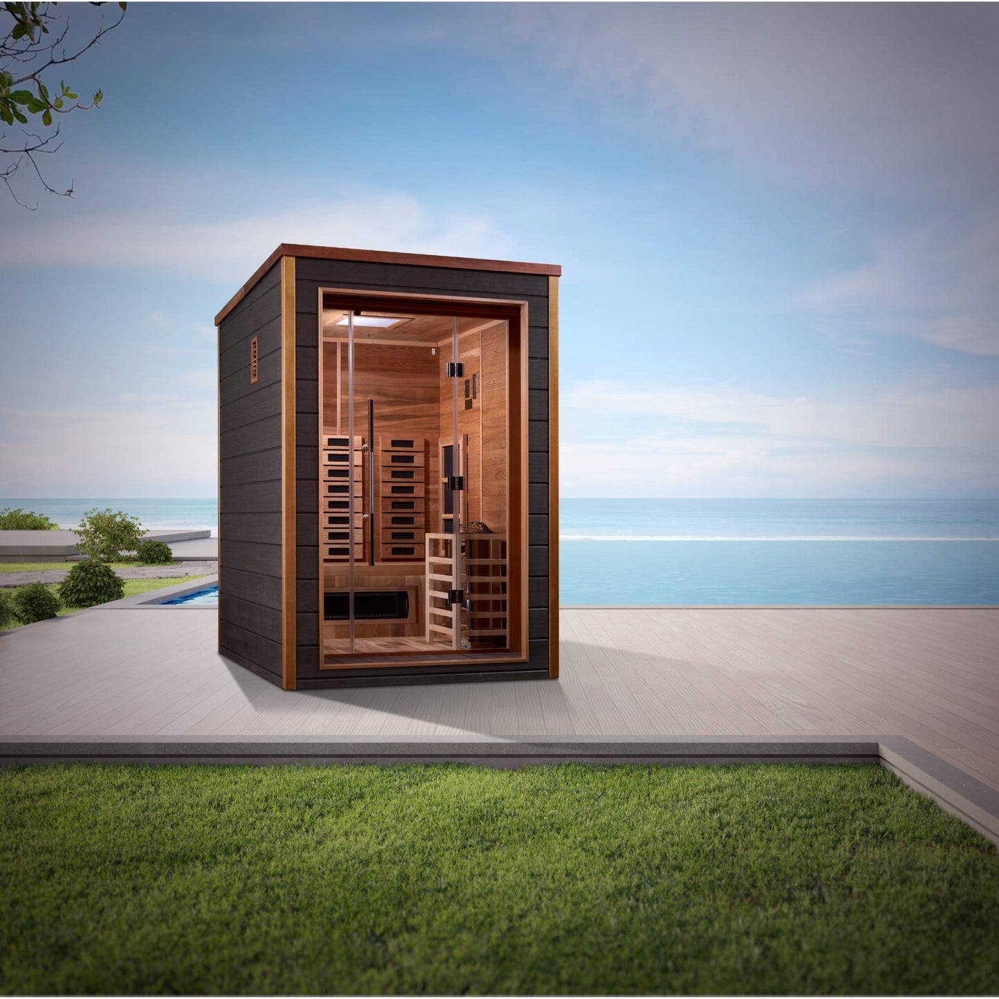 Golden Designs: Nora 2 Person Outdoor-Indoor Hybrid Infrared + Stove Sauna - Elite Holistic Fitness