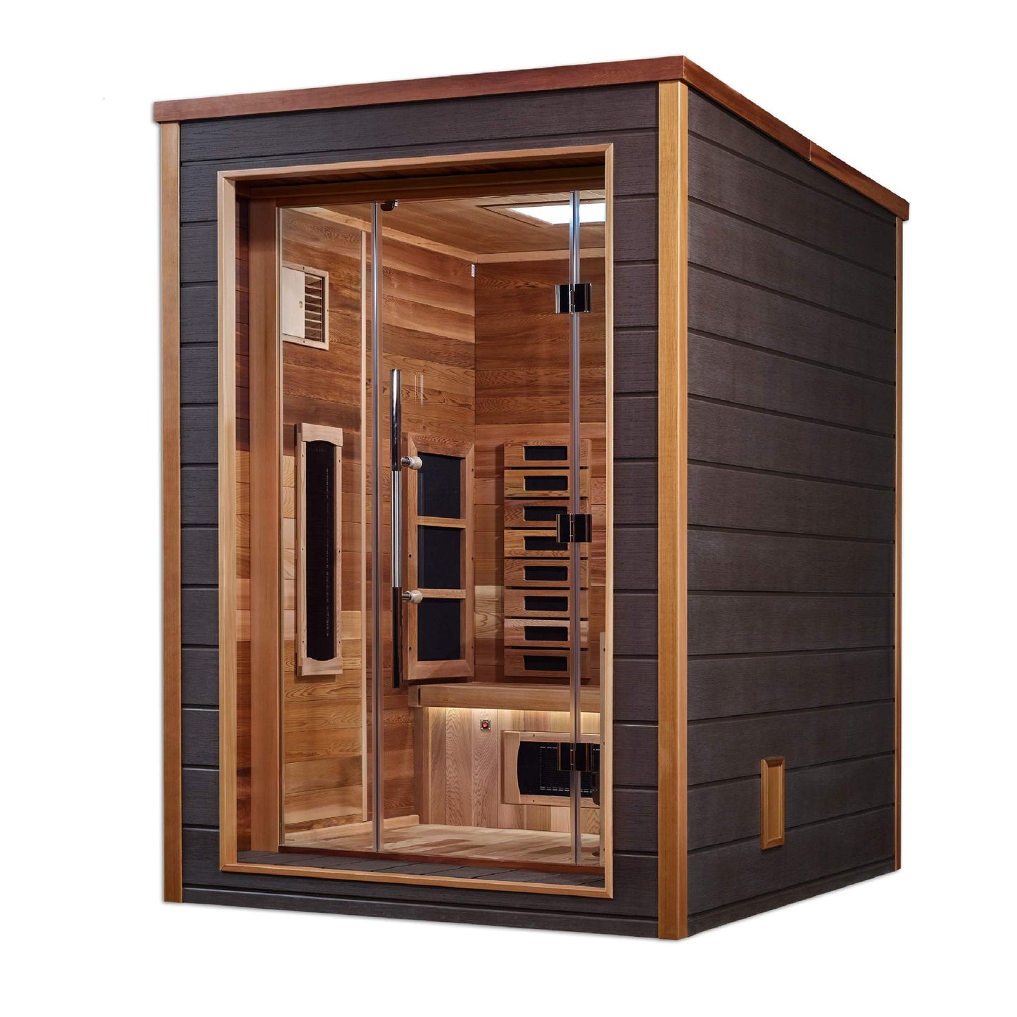 Golden Designs: Nora 2 Person Outdoor-Indoor Hybrid Infrared + Stove Sauna - Elite Holistic Fitness