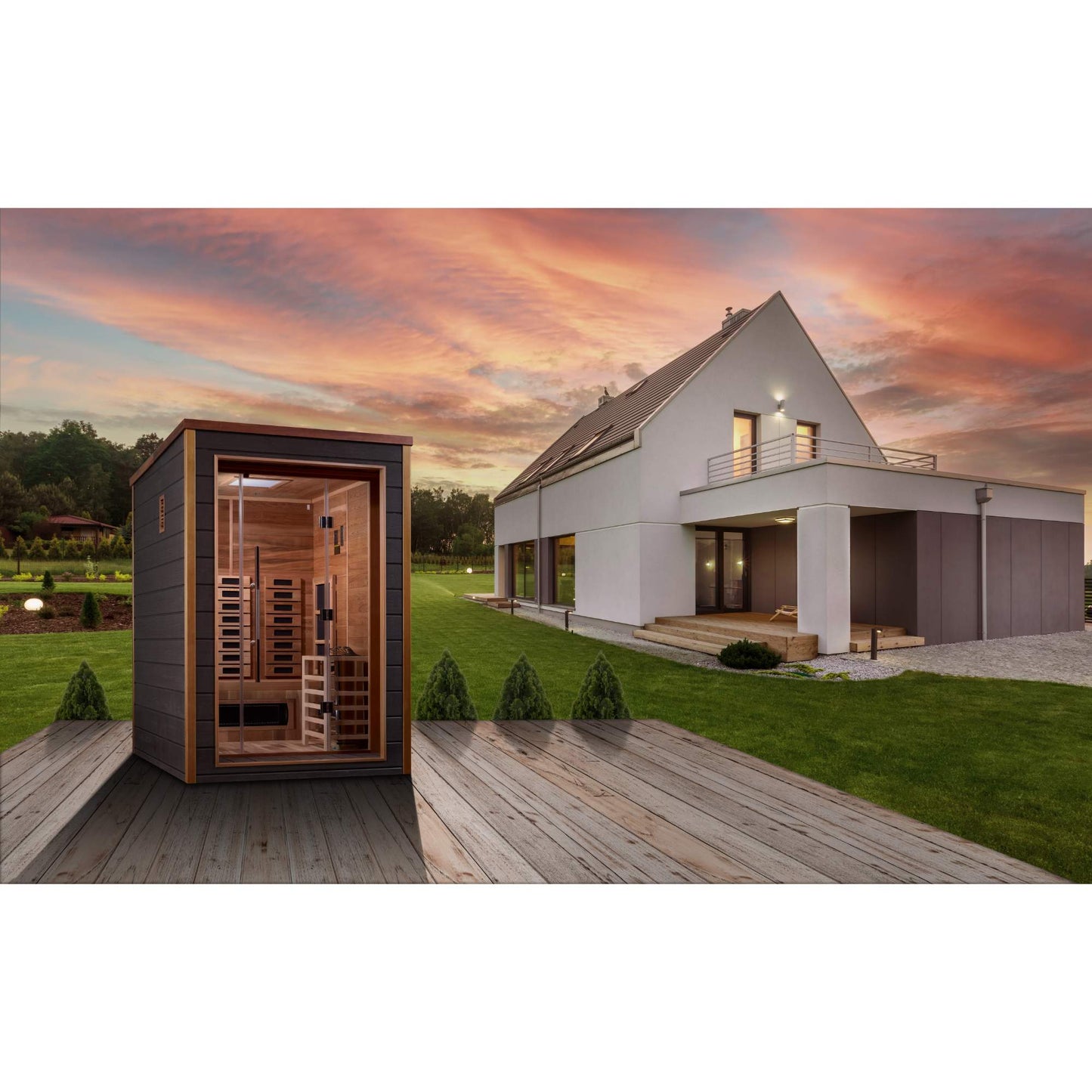 Golden Designs: Nora 2 Person Outdoor-Indoor Hybrid Infrared + Stove Sauna - Elite Holistic Fitness