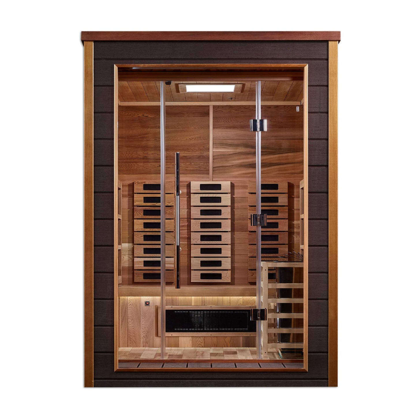 Golden Designs: Nora 2 Person Outdoor-Indoor Hybrid Infrared + Stove Sauna - Elite Holistic Fitness