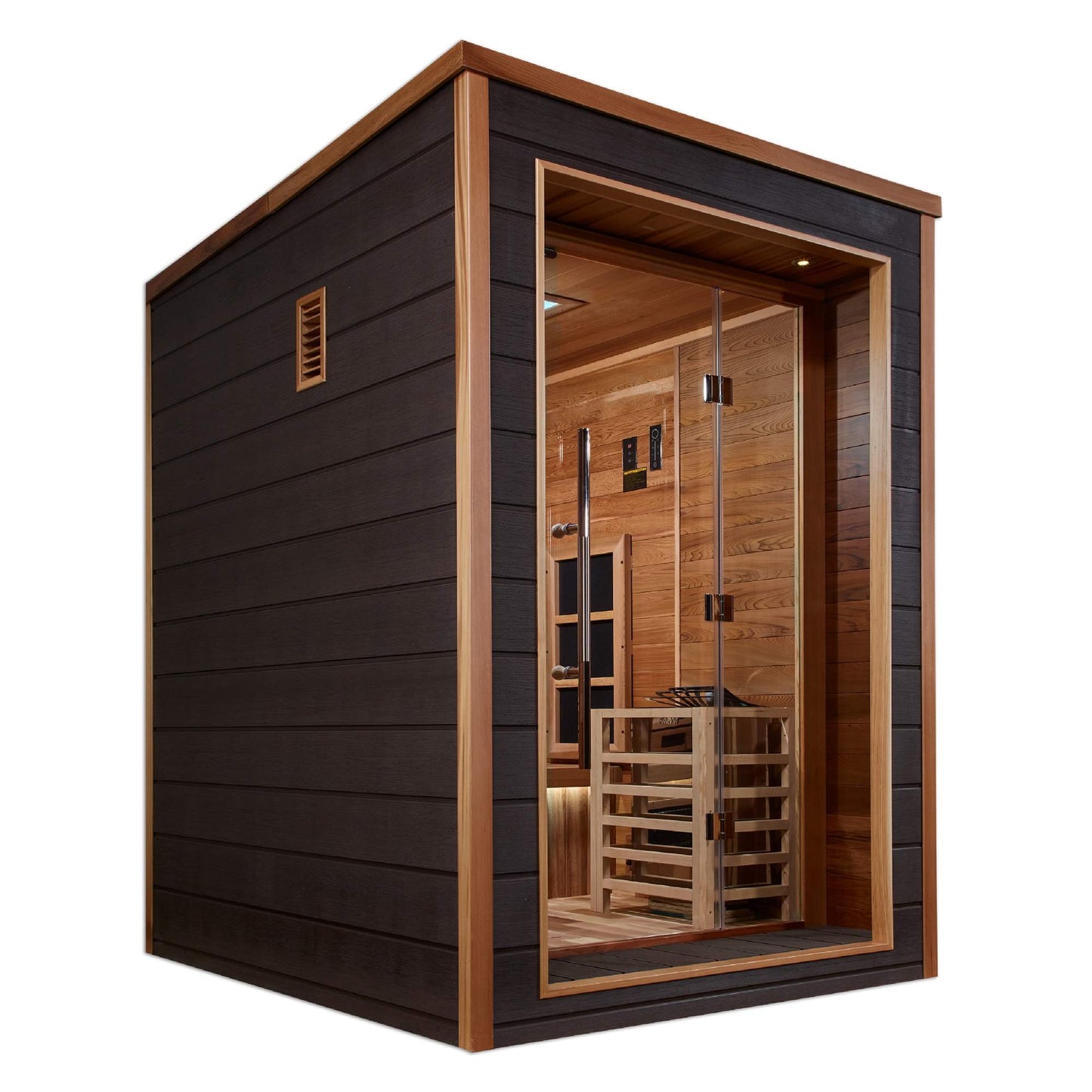 Golden Designs: Nora 2 Person Outdoor-Indoor Hybrid Infrared + Stove Sauna - Elite Holistic Fitness