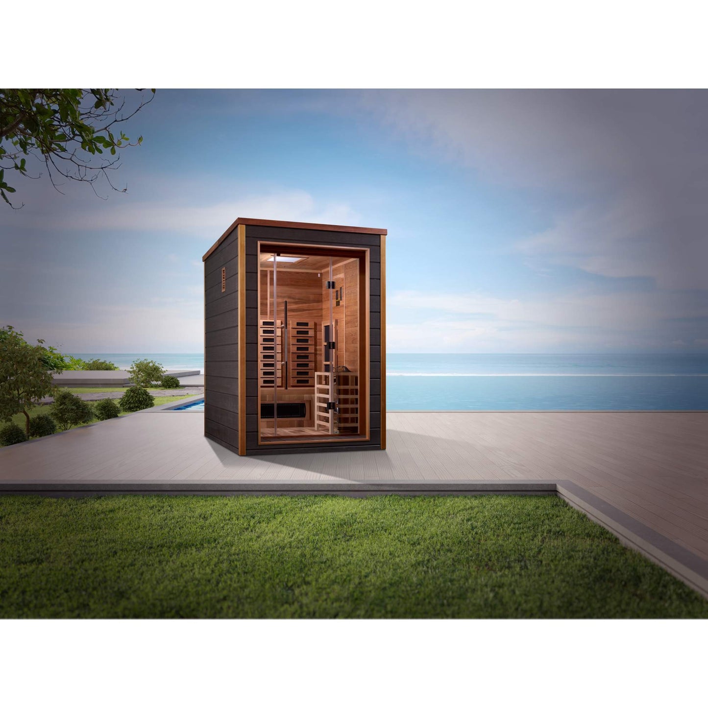 Golden Designs: Nora 2 Person Outdoor-Indoor Hybrid Infrared + Stove Sauna - Elite Holistic Fitness