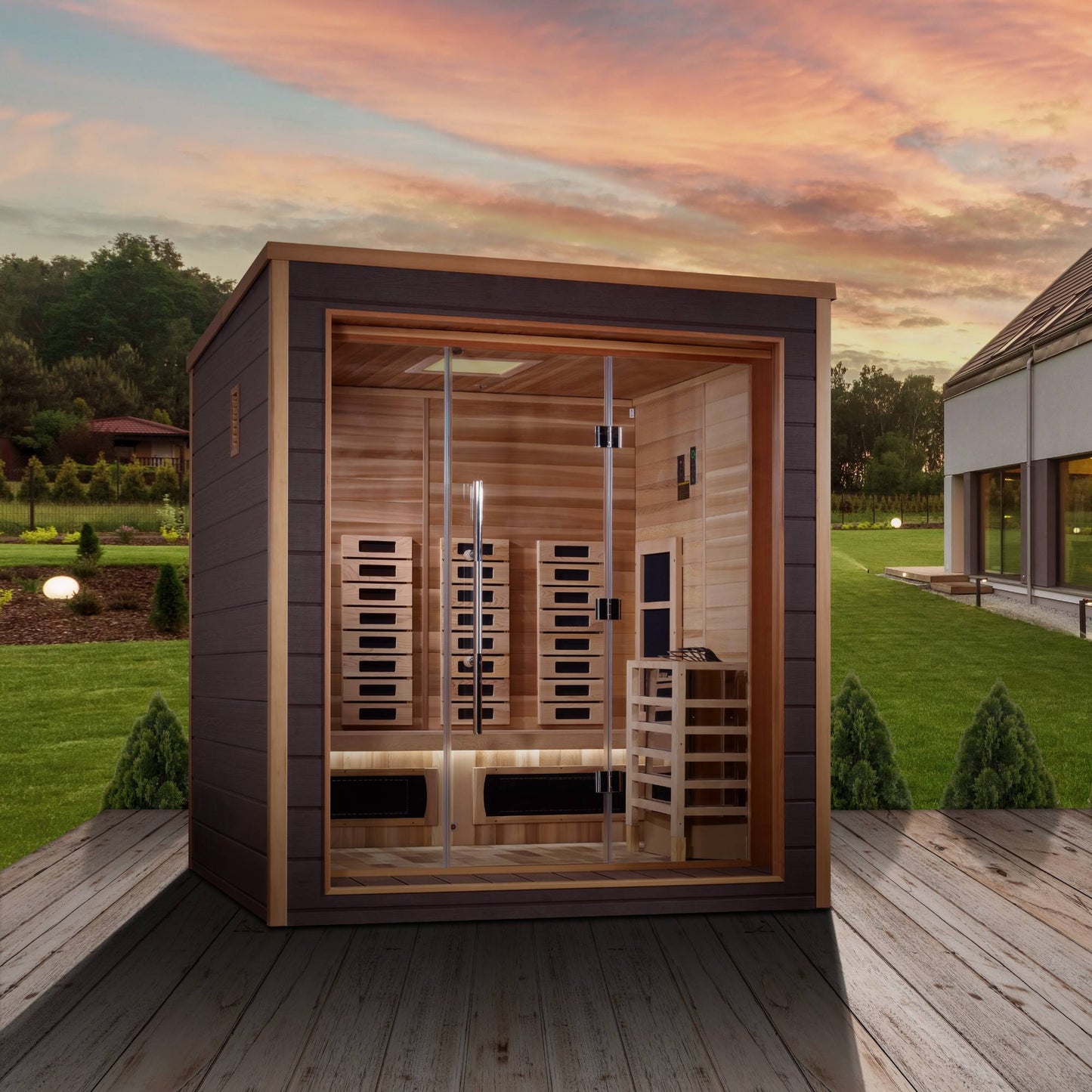 Golden Designs: Visby 3 Person Outdoor-Indoor Hybrid Infrared + Stove Sauna - Elite Holistic Fitness