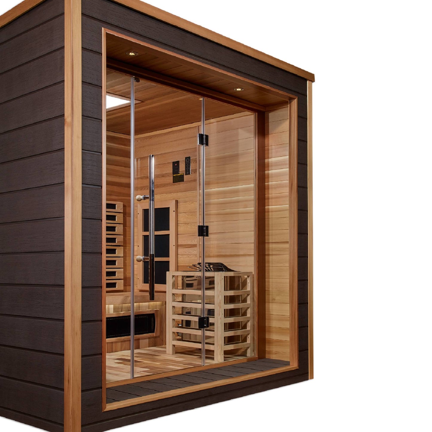 Golden Designs: Visby 3 Person Outdoor-Indoor Hybrid Infrared + Stove Sauna - Elite Holistic Fitness
