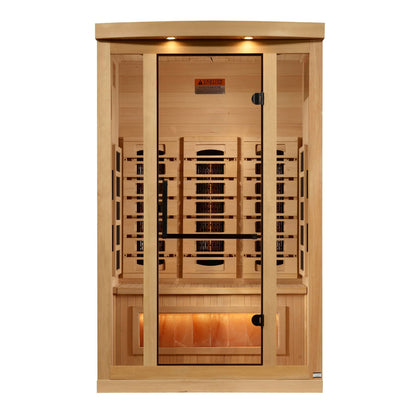 Golden Designs: 2-Person Reserve Edition Full Spectrum Near Zero EMF FAR Infrared Sauna with Himalayan Salt Bar - Elite Holistic Fitness
