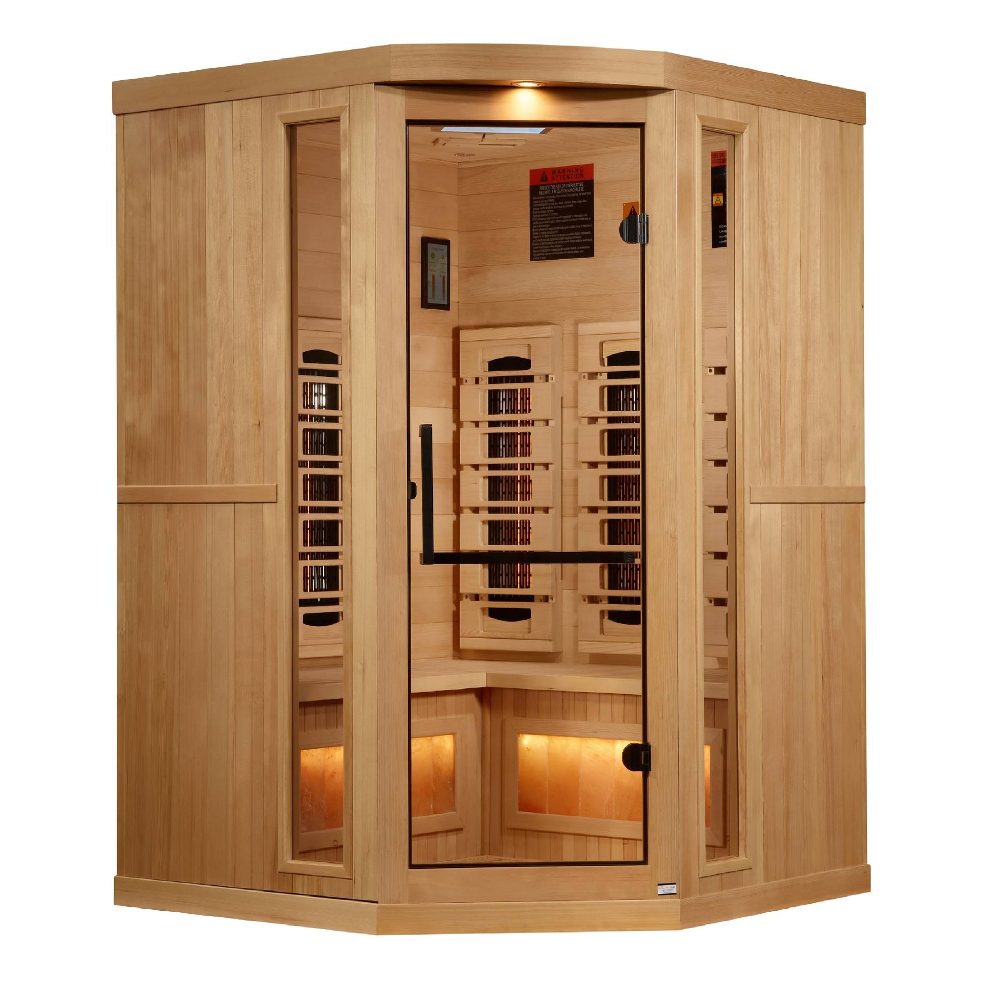 Golden Designs: 3-Person Corner Full Spectrum Near Zero EMF FAR Infrared Sauna with Himalayan Salt Bar - Elite Holistic Fitness