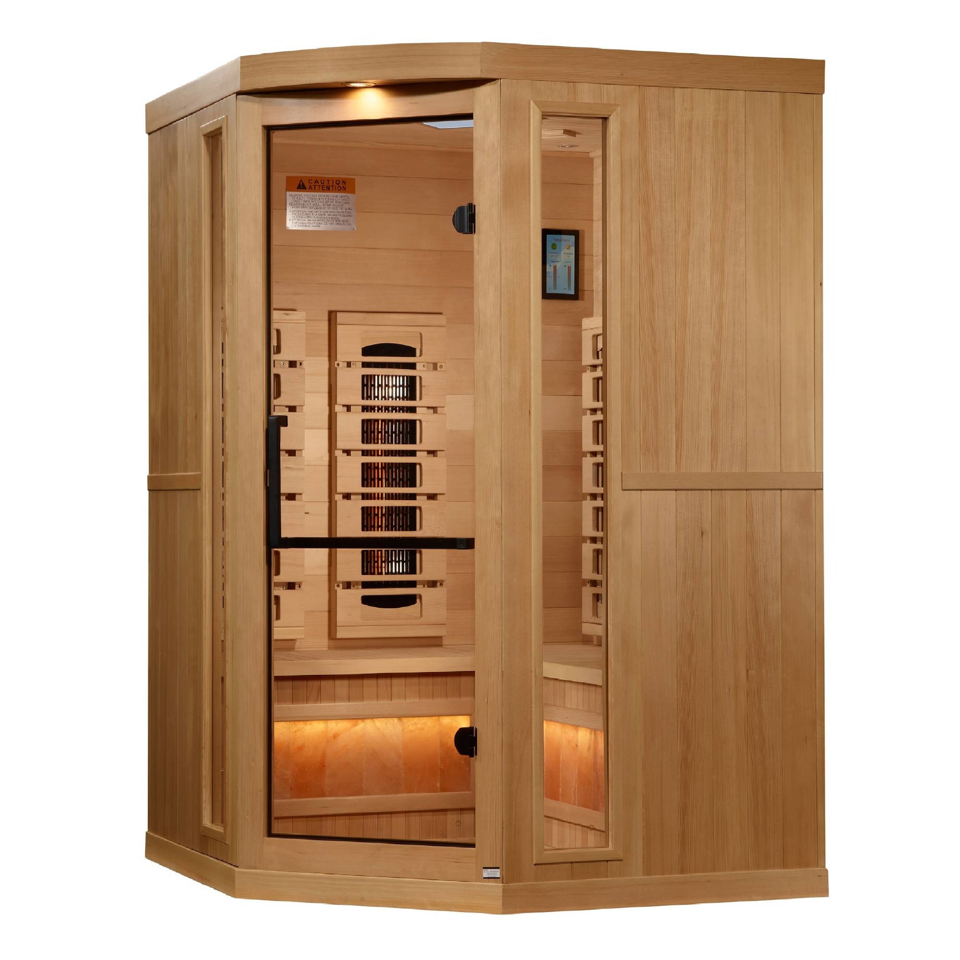 Golden Designs: 3-Person Corner Full Spectrum Near Zero EMF FAR Infrared Sauna with Himalayan Salt Bar - Elite Holistic Fitness