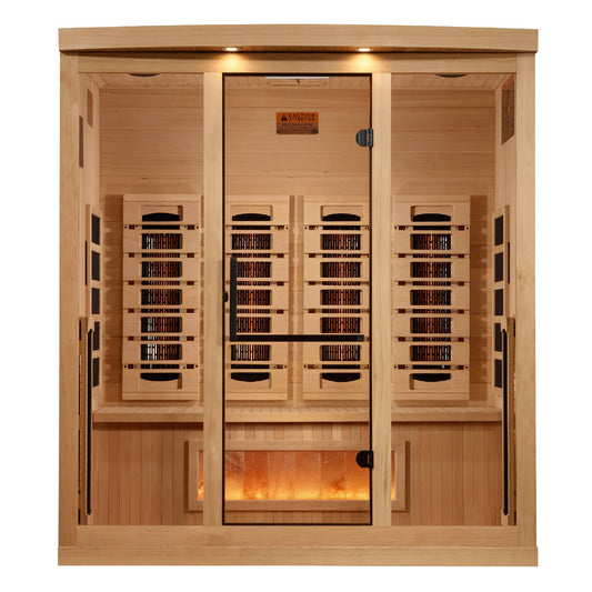 Golden Designs: 4-Person Full Spectrum Near Zero EMF FAR Infrared Sauna with Himalayan Salt Bar - Elite Holistic Fitness