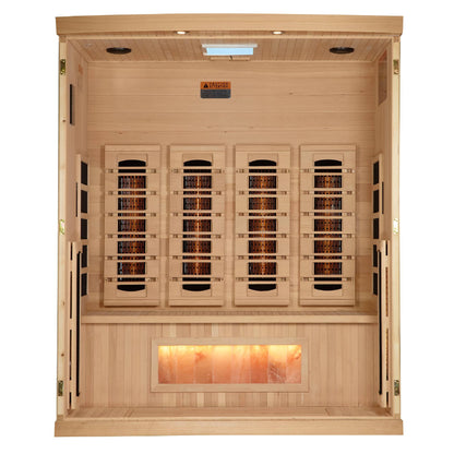 Golden Designs: 4-Person Full Spectrum Near Zero EMF FAR Infrared Sauna with Himalayan Salt Bar - Elite Holistic Fitness