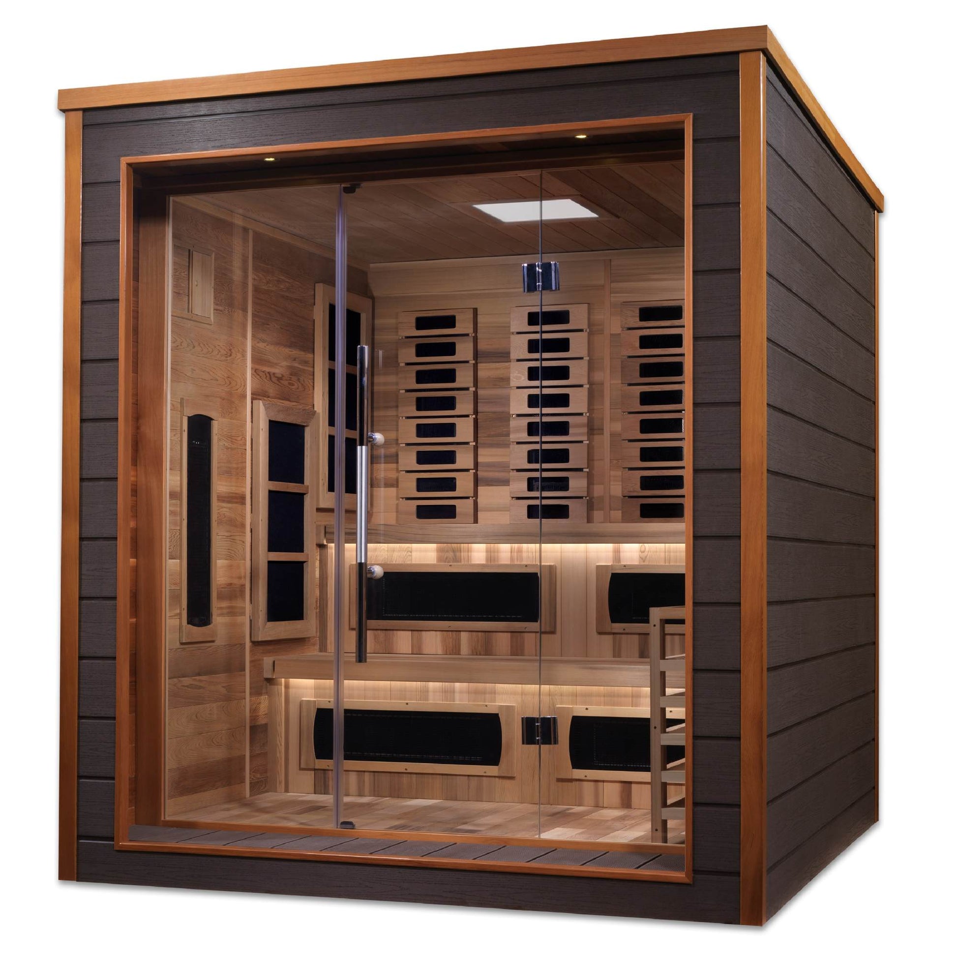 Golden Designs: Karlstad 6 Person Outdoor-Indoor Hybrid (Infrared + Stove) Sauna - Elite Holistic Fitness