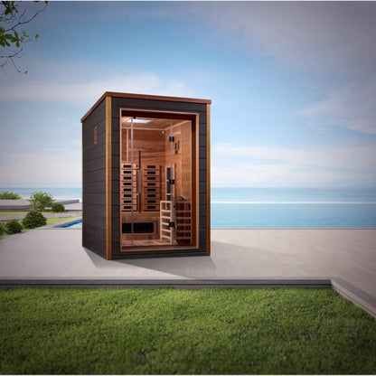 Golden Designs: Nora 2 Person Outdoor-Indoor Hybrid Infrared + Stove Sauna - Elite Holistic Fitness