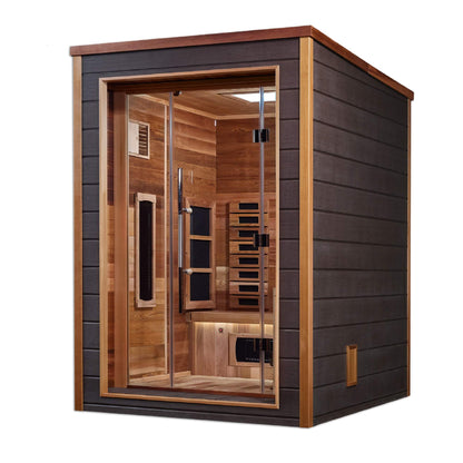 Golden Designs: Nora 2 Person Outdoor-Indoor Hybrid Infrared + Stove Sauna - Elite Holistic Fitness
