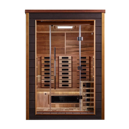 Golden Designs: Nora 2 Person Outdoor-Indoor Hybrid Infrared + Stove Sauna - Elite Holistic Fitness