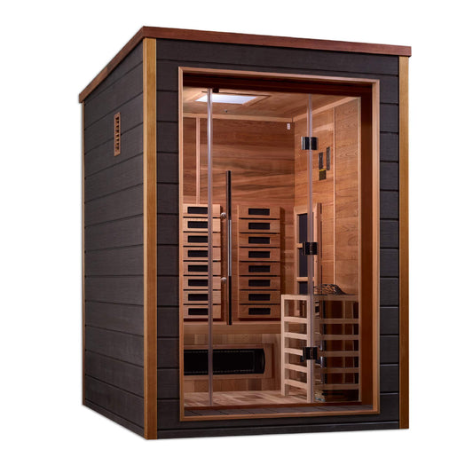 Golden Designs: Nora 2 Person Outdoor-Indoor Hybrid Infrared + Stove Sauna - Elite Holistic Fitness